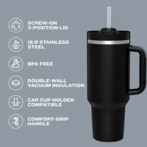 Stanley STNXV1401 Vacuum Insulated Tumbler with Handle | Stainless Steel Travel Mug with Comfort-Grip Handle & Straw Lid | Premium Reusable Water Bottle for Office, Gym & Travel – Stealthy Matte Black Edition - Image 2